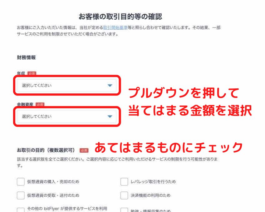 ビットフライヤー　財務・取引目的入力